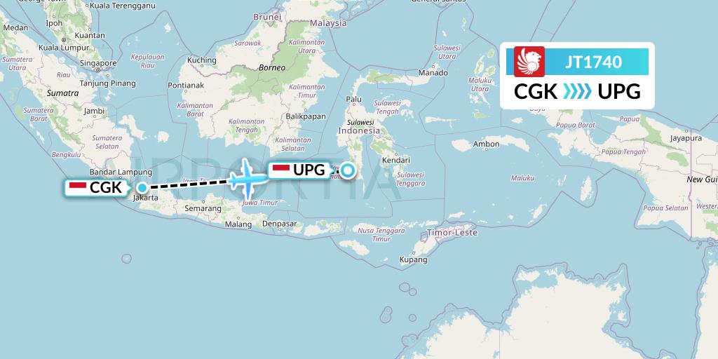 JT1740 Lion Airlines Flight Map: Jakarta to Makassar