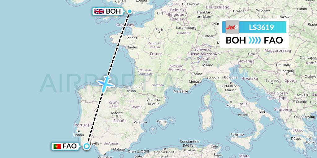 LS3619 Jet2 Flight Map: Bournemouth to Faro