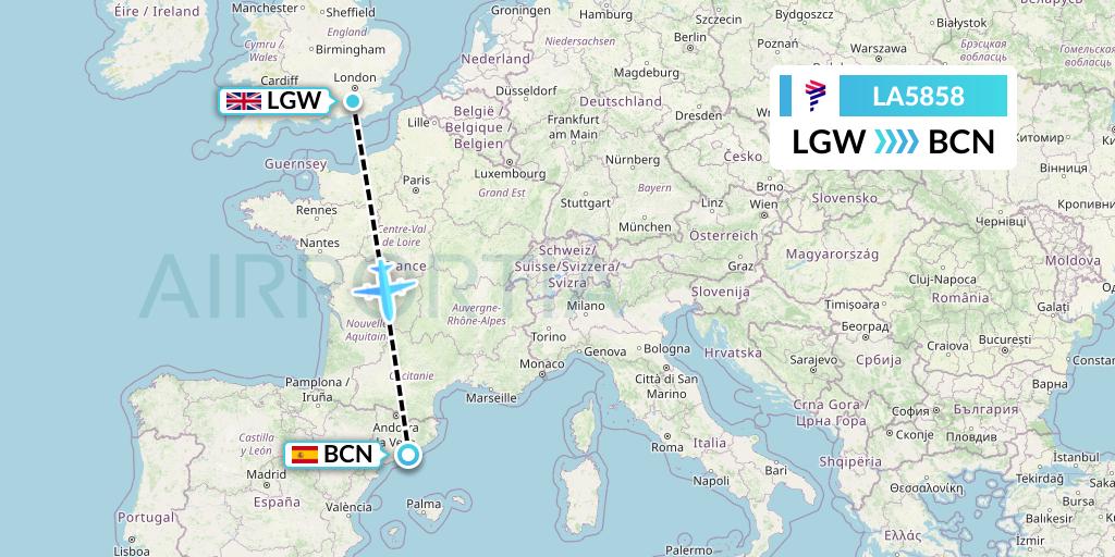 LA5858 LAN Airlines Flight Map: London to Barcelona