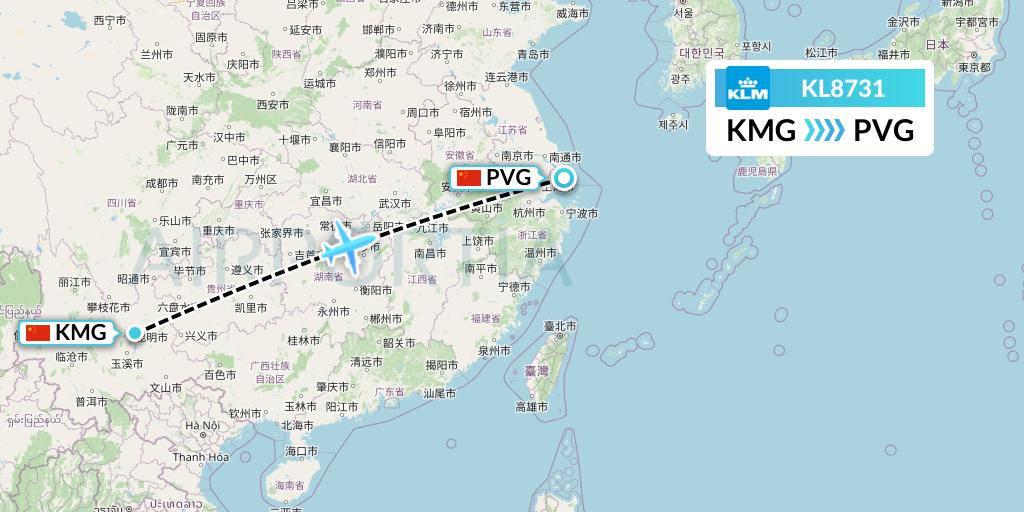 KL8731 KLM Flight Map: Kunming to Shanghai