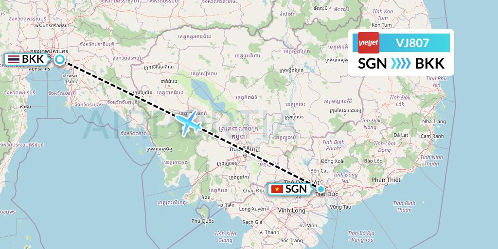 VJ807 VietJet Air Flight Map: Ho Chi Minh City to Bangkok