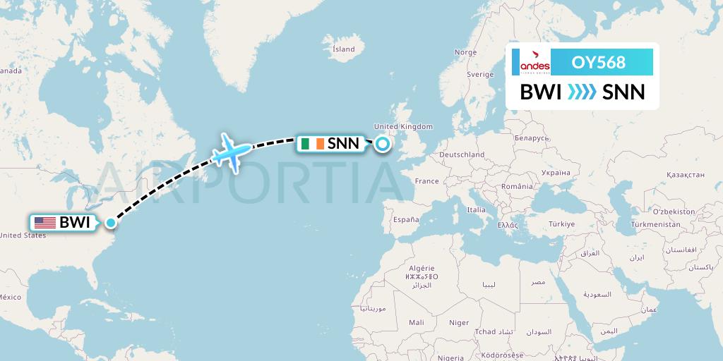 OY568 Omni Air International Flight Map: Baltimore to Shannon