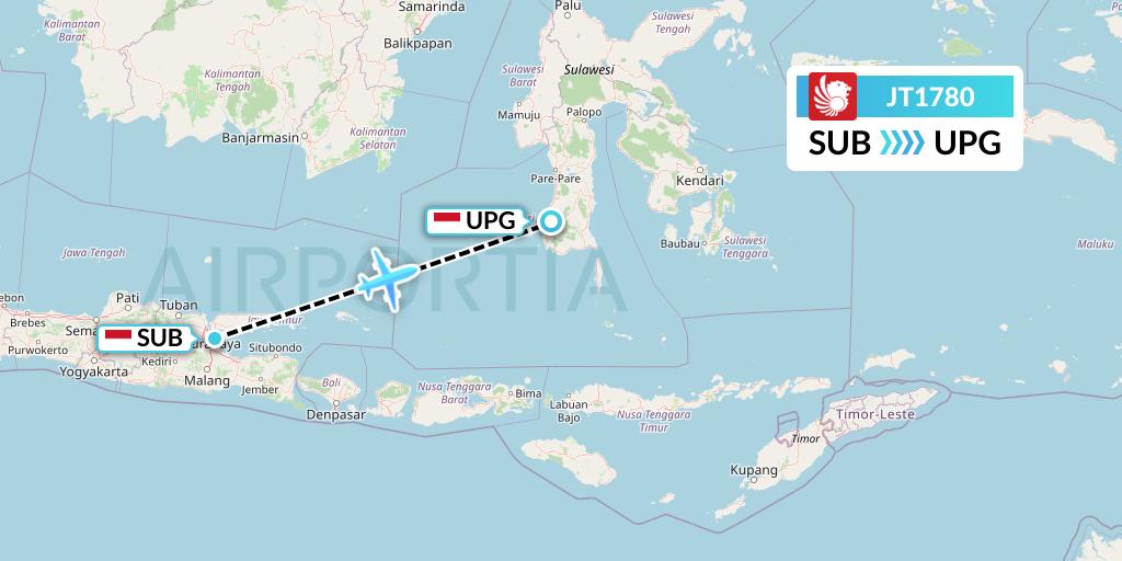 JT1780 Lion Airlines Flight Map: Surabaya to Makassar