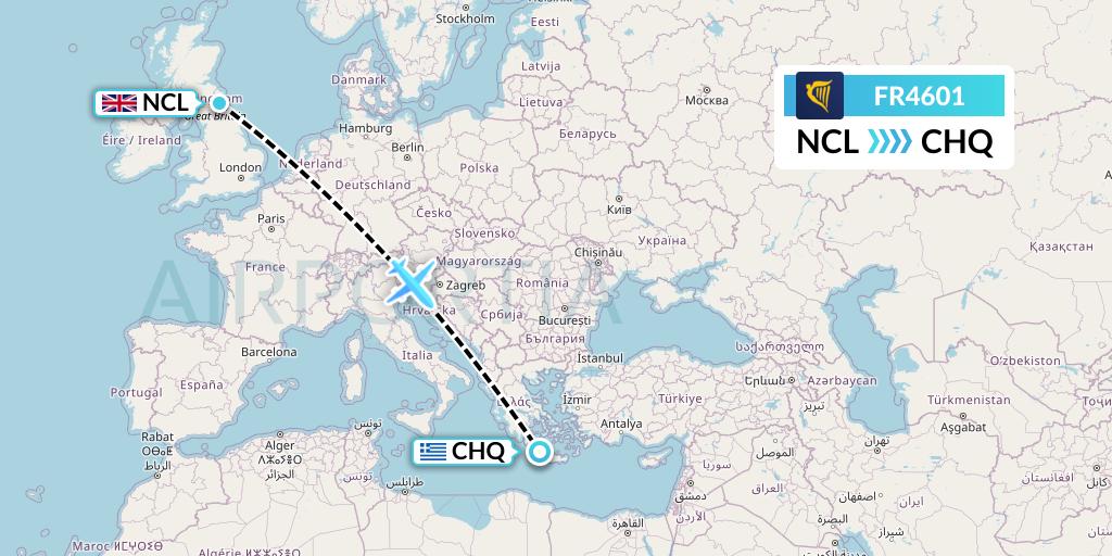 FR4601 Ryanair Flight Map: Newcastle to Chania