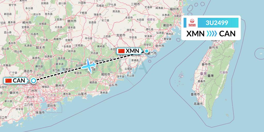 3U2499 Sichuan Airlines Flight Map: Xiamen to Guangzhou