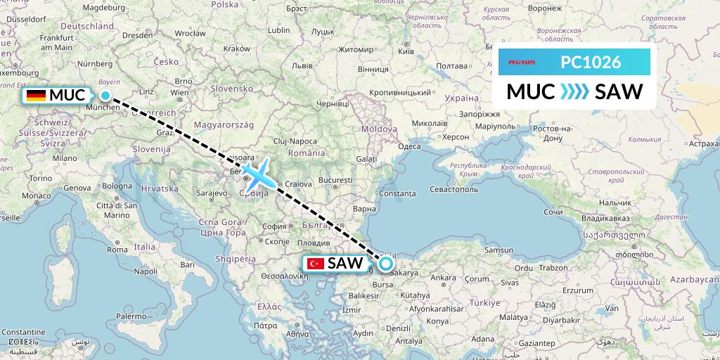 PC1026 Pegasus Airlines Flight Map: Munich to Istanbul