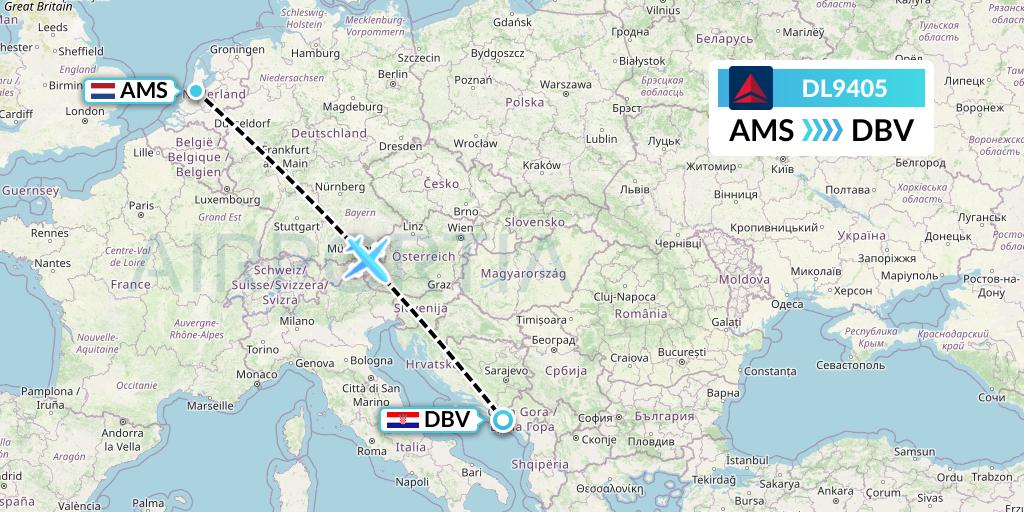 DL9405 Delta Air Lines Flight Map: Amsterdam to Dubrovnik