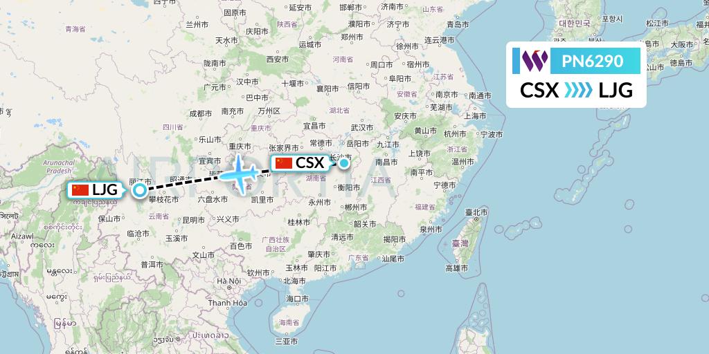 PN6290 China West Air Flight Map: Changsha to Lijiang