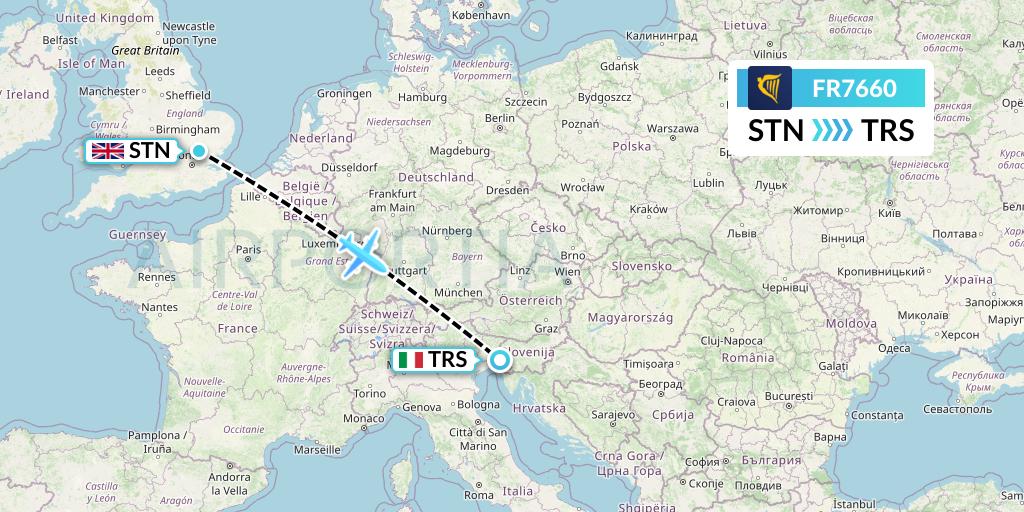 FR7660 Ryanair Flight Map: London to Trieste