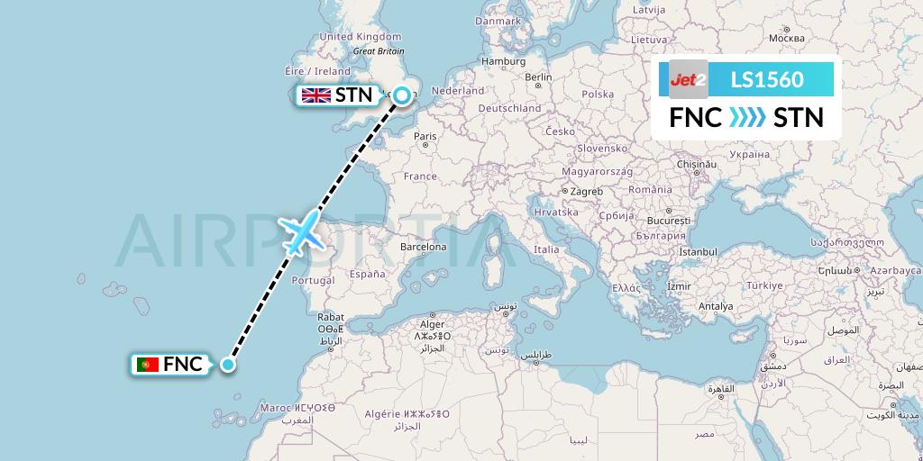 LS1560 Jet2 Flight Map: Funchal to London