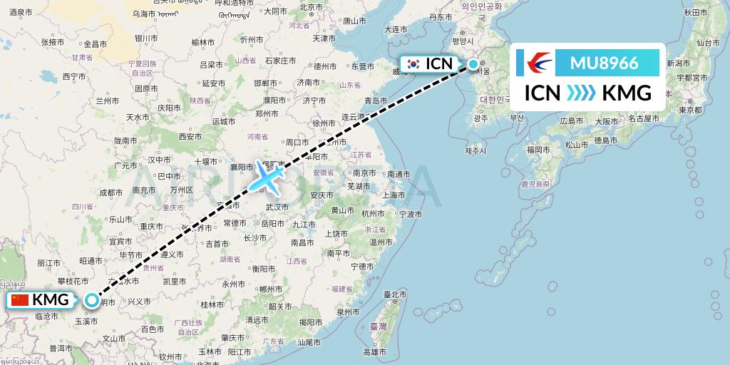 MU8966 China Eastern Airlines Flight Map: Seoul to Kunming