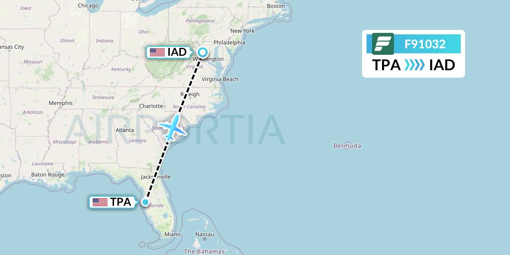 F91032 Frontier Airlines Flight Map: Tampa to Washington