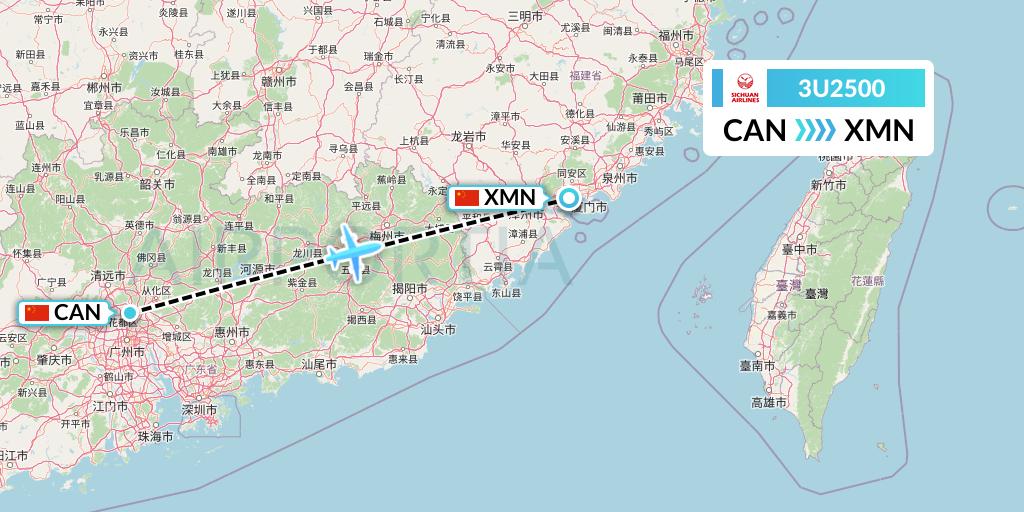 3U2500 Sichuan Airlines Flight Map: Guangzhou to Xiamen