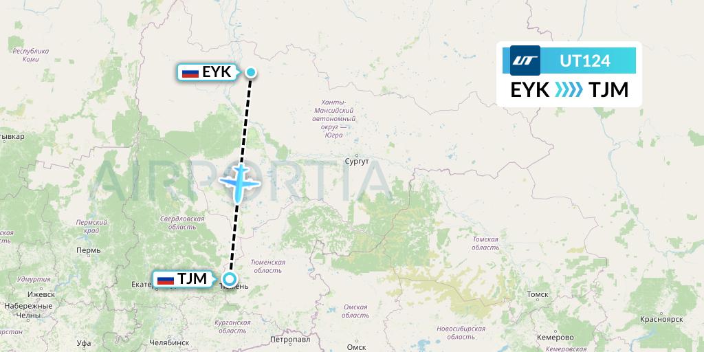 UT124 UTair Flight Map: Beloyarsk to Tyumen