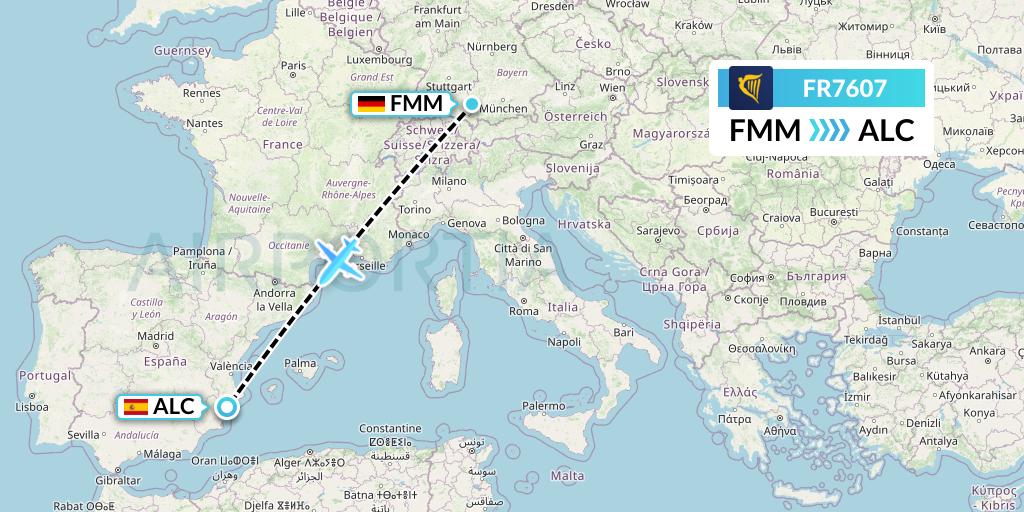 FR7607 Ryanair Flight Map: Memmingen to Alicante