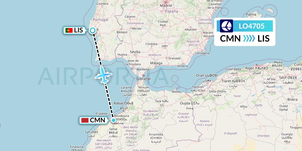 LO4705 LOT Flight Map: Casablanca to Lisbon
