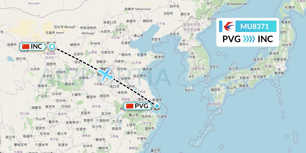 MU8371 China Eastern Airlines Flight Map: Shanghai to Yinchuan