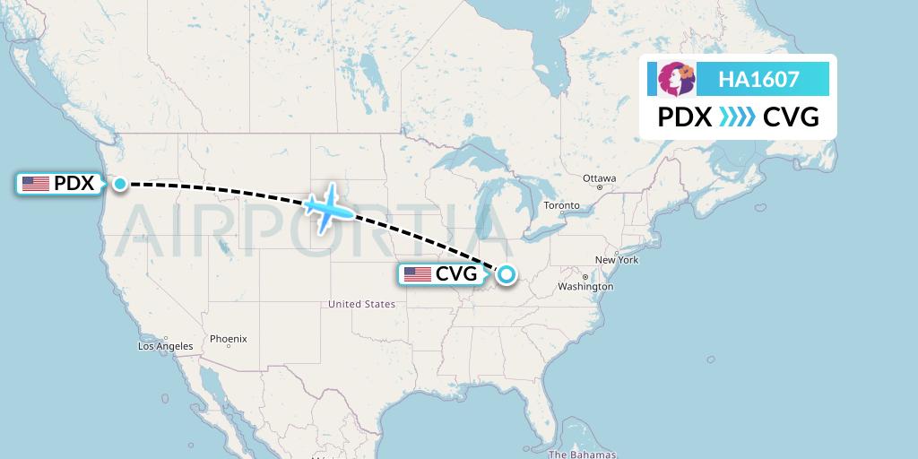 HA1607 Hawaiian Airlines Flight Map: Portland to Cincinnati