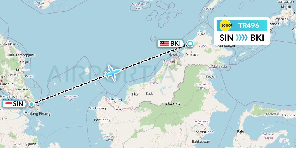 TR496 Tigerair Flight Map: Singapore to Kota Kinabalu