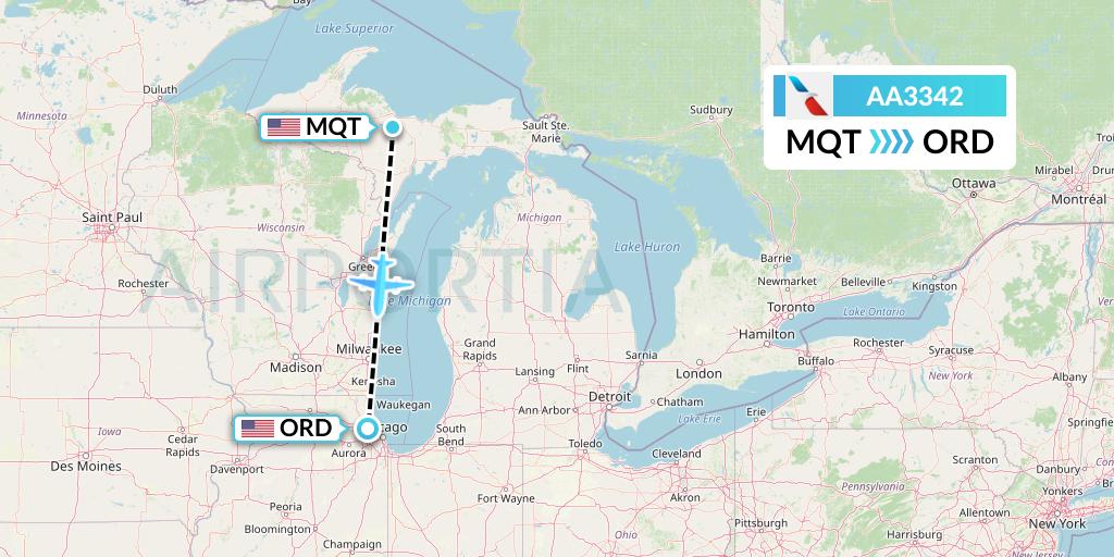 AA3342 American Airlines Flight Map: Marquette to Chicago