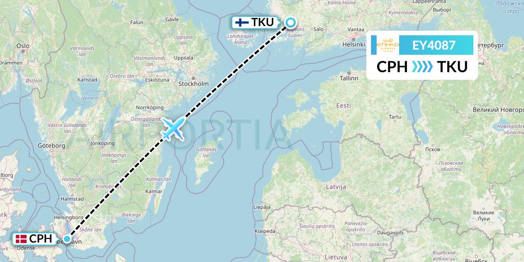 EY4087 Etihad Airways Flight Map: Copenhagen to Turku