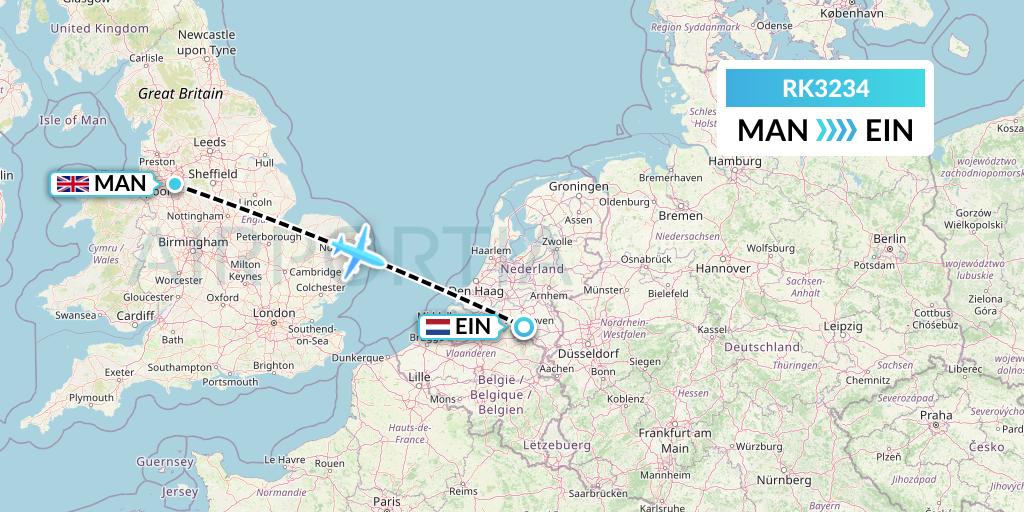 RK3234 Ryanair UK Flight Map: Manchester to Eindhoven