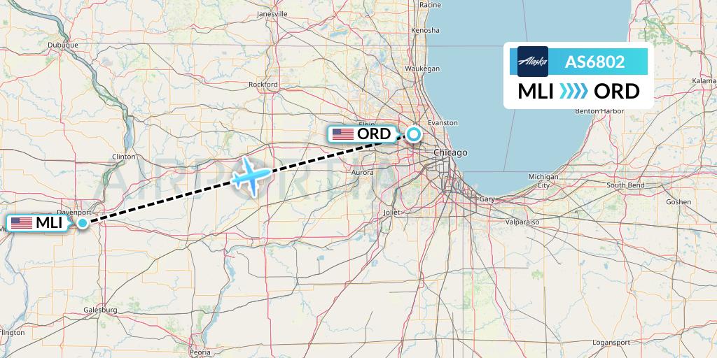 AS6802 Alaska Airlines Flight Map: Moline to Chicago