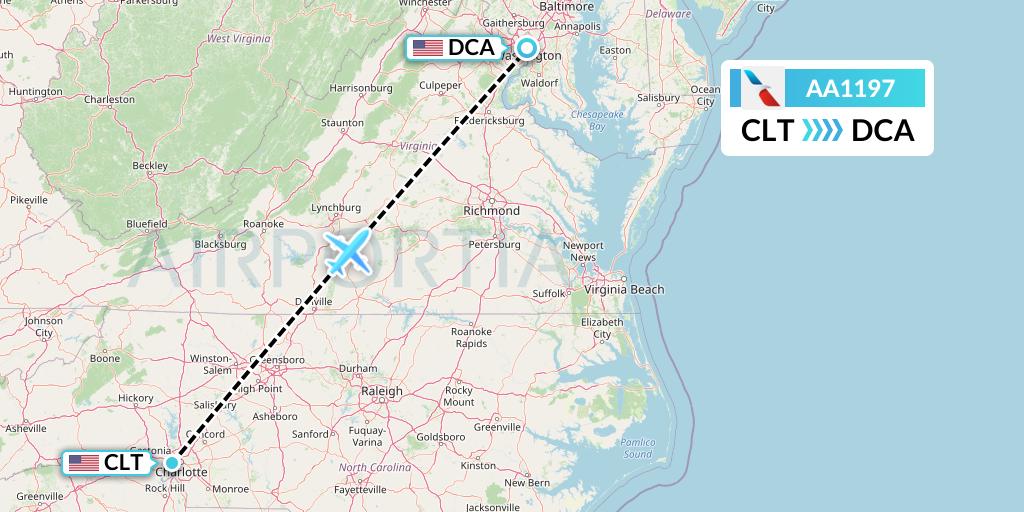 AA1197 American Airlines Flight Map: Charlotte to Washington