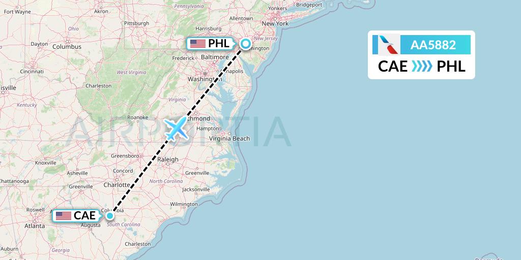 AA5882 American Airlines Flight Map: Columbia to Philadelphia
