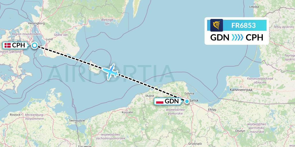 FR6853 Ryanair Flight Map: Gdansk to Copenhagen