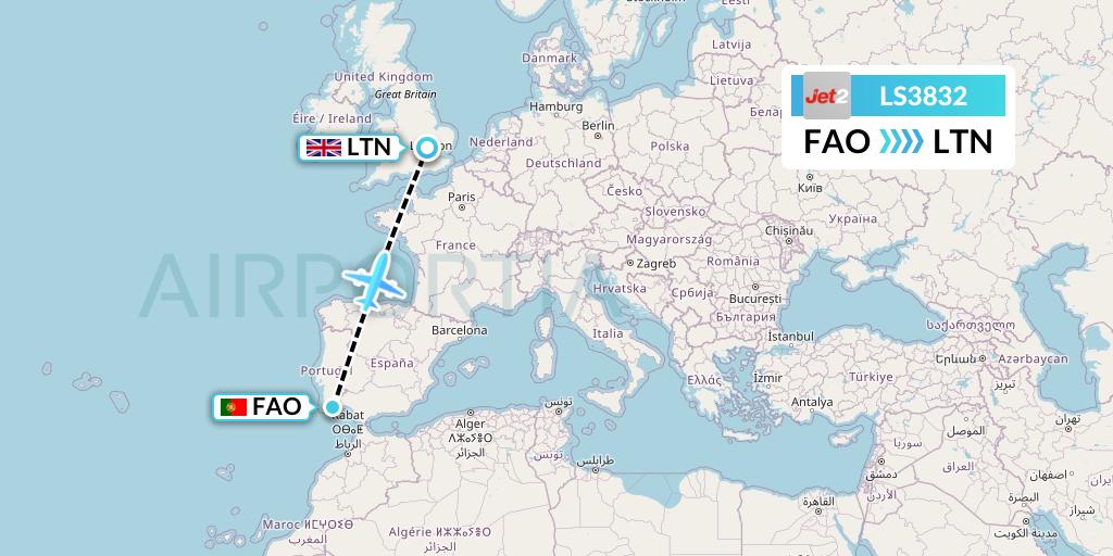LS3832 Jet2 Flight Map: Faro to London
