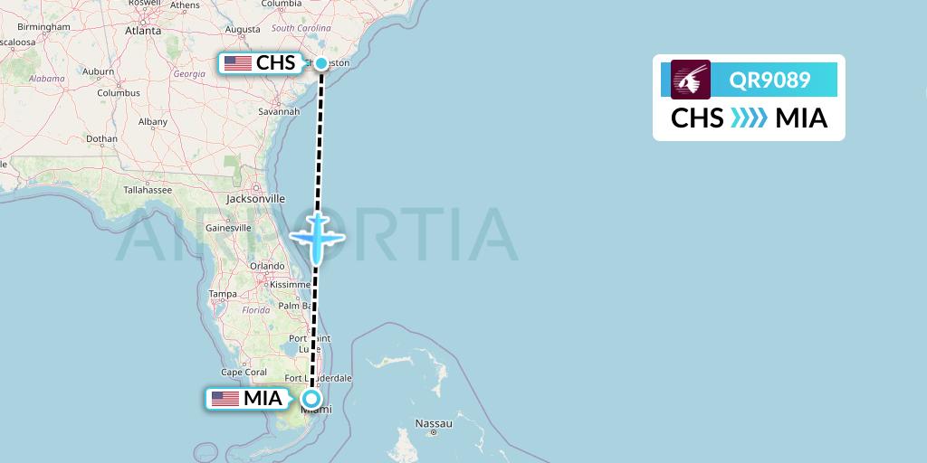QR9089 Qatar Airways Flight Map: Charleston to Miami