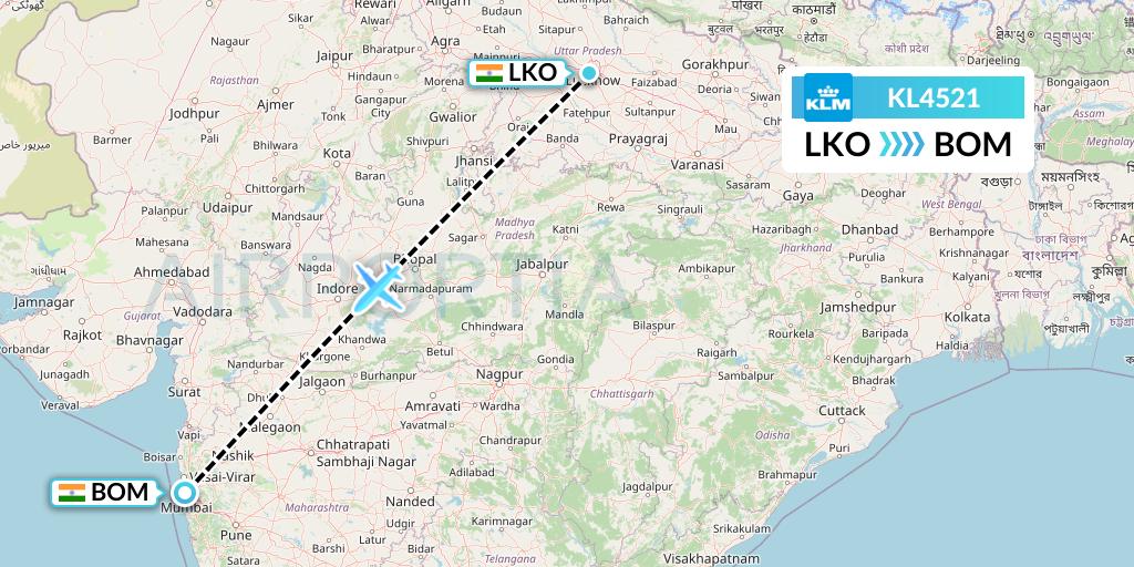 KL4521 KLM Flight Map: Lucknow to Mumbai