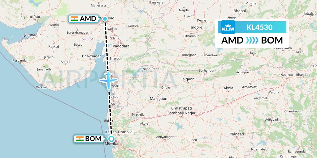KL4530 KLM Flight Map: Ahmedabad to Mumbai
