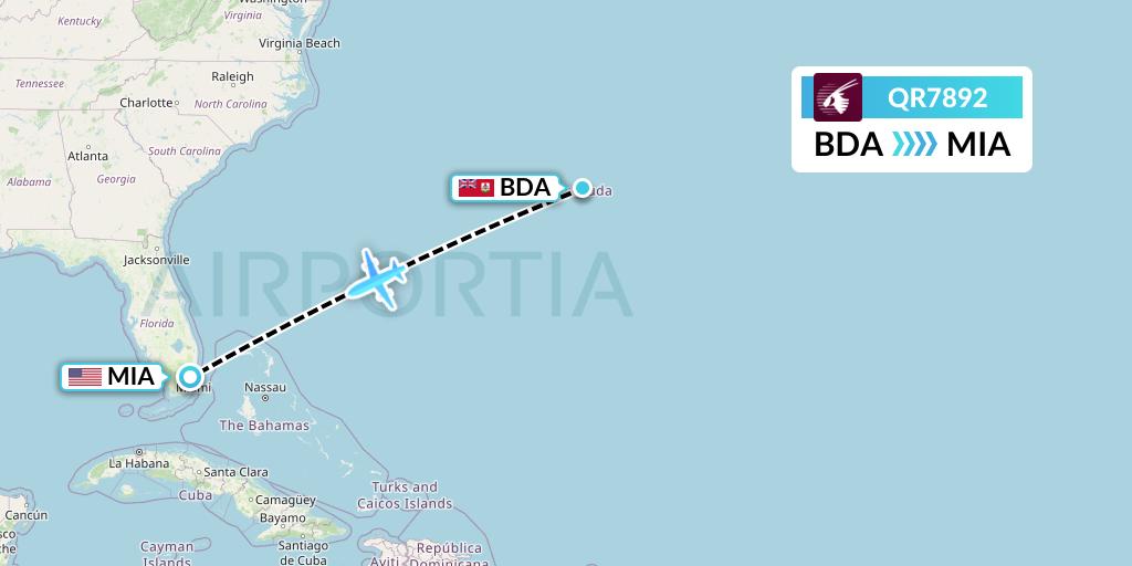 QR7892 Qatar Airways Flight Map: Bermuda to Miami