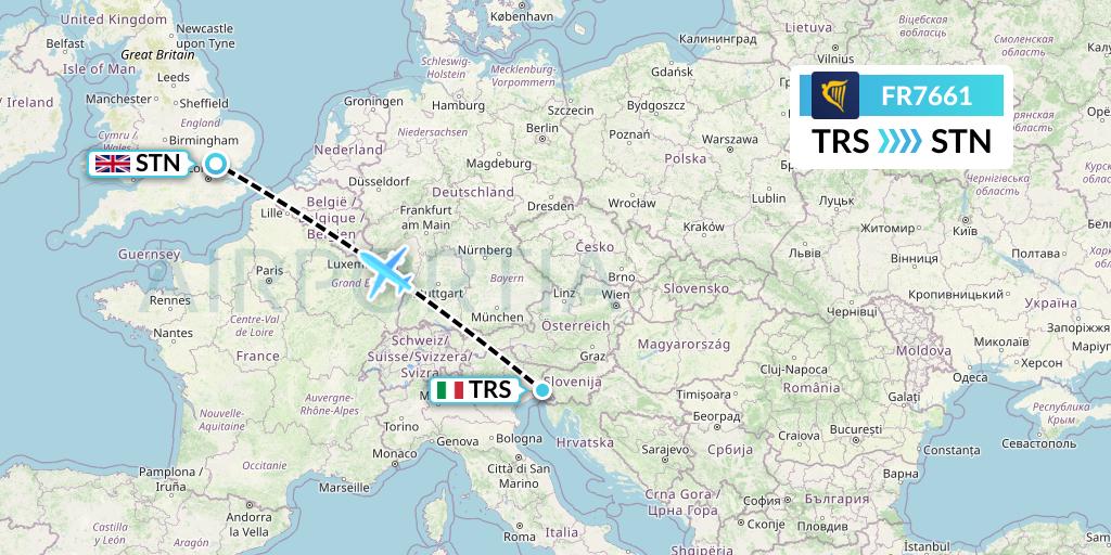 FR7661 Ryanair Flight Map: Trieste to London