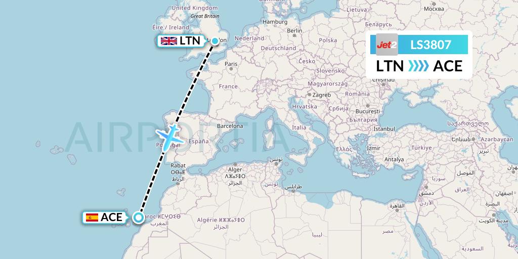 LS3807 Jet2 Flight Map: London to Lanzarote