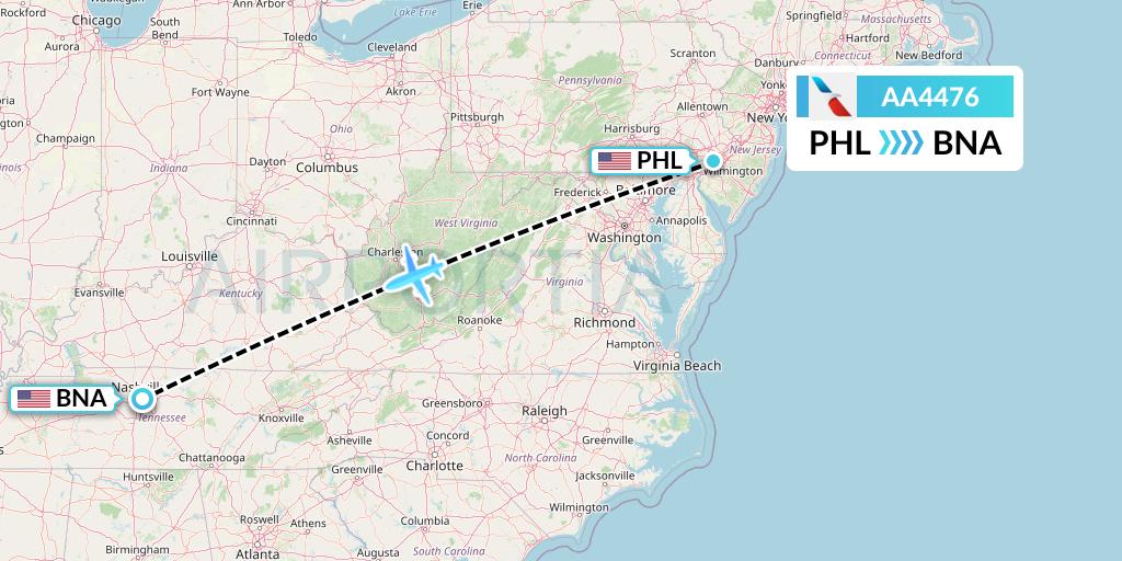 AA4476 American Airlines Flight Map: Philadelphia to Nashville