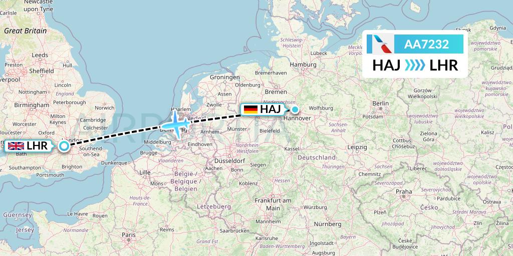 AA7232 American Airlines Flight Map: Hannover to London