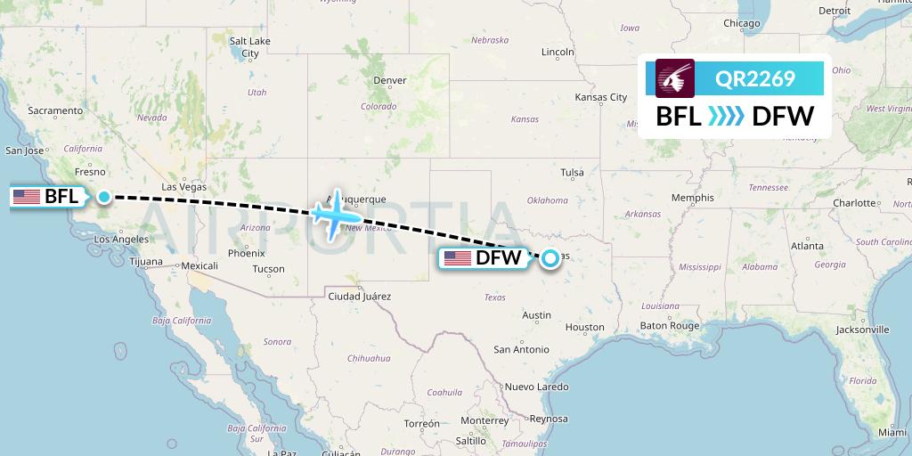 QR2269 Qatar Airways Flight Map: Bakersfield to Dallas