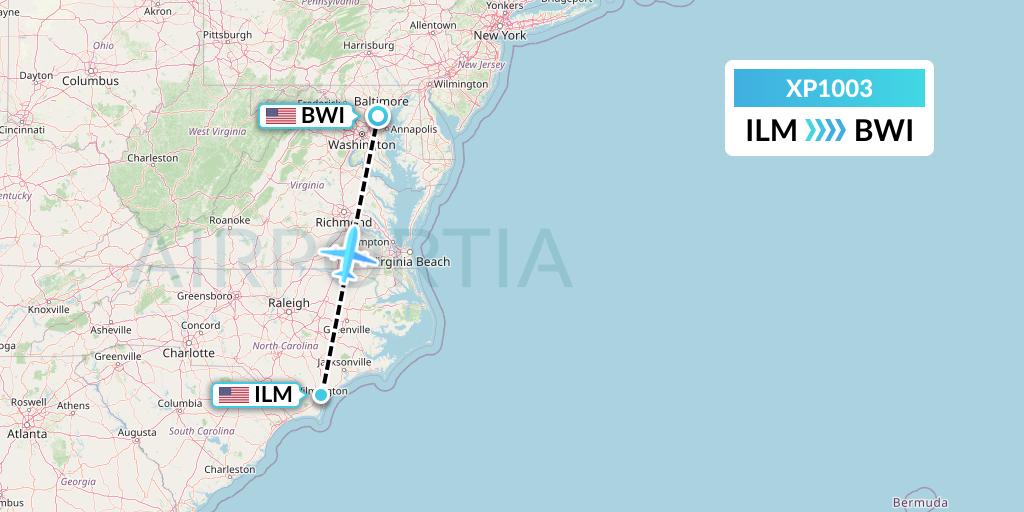 XP1003 Avelo Airlines Flight Map: Wilmington to Baltimore