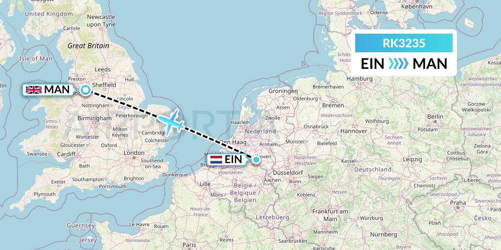 RK3235 Ryanair UK Flight Map: Eindhoven to Manchester