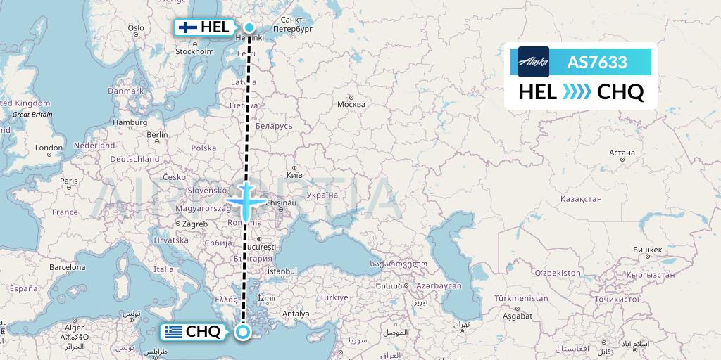 AS7633 Alaska Airlines Flight Map: Helsinki to Chania