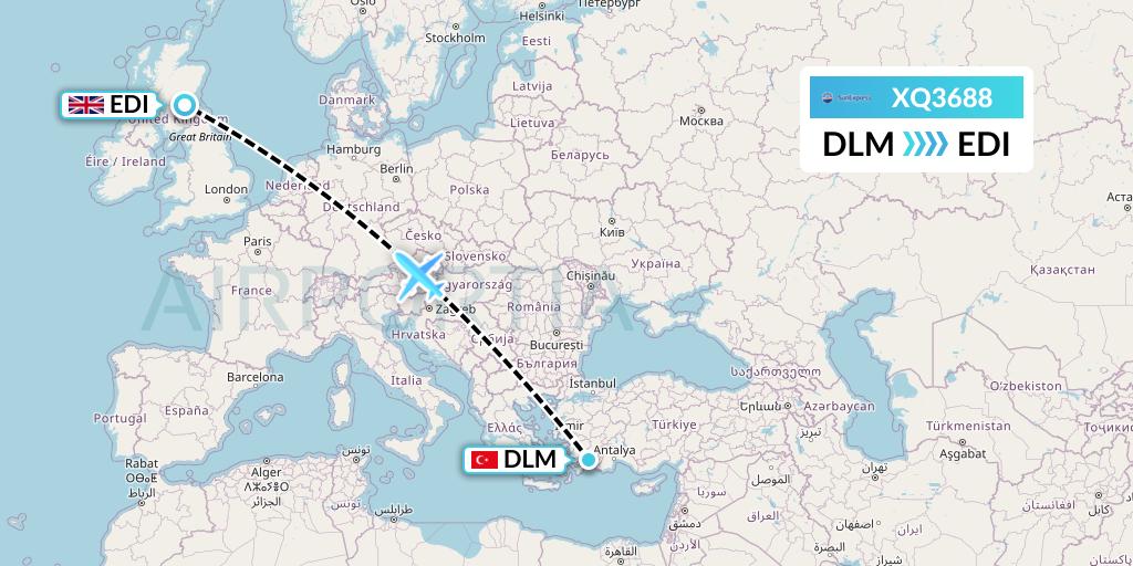 XQ3688 SunExpress Flight Map: Dalaman to Edinburgh