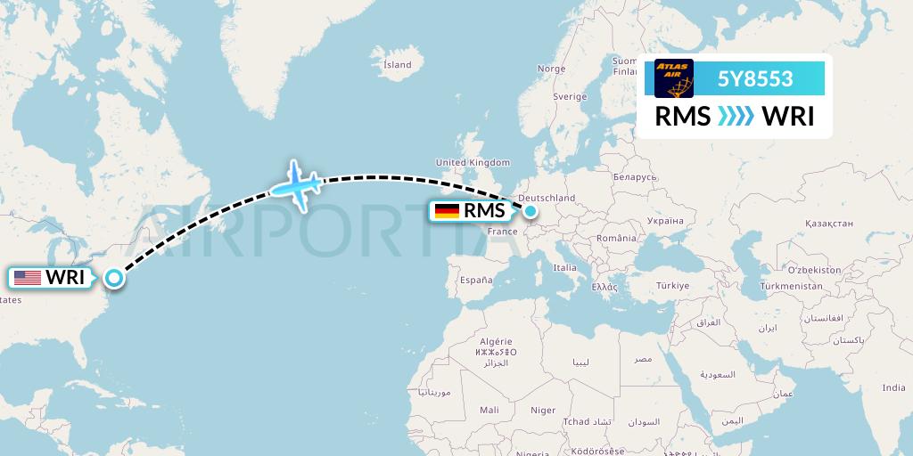 5Y8553 Atlas Air Flight Map: Ramstein to Wrightstown