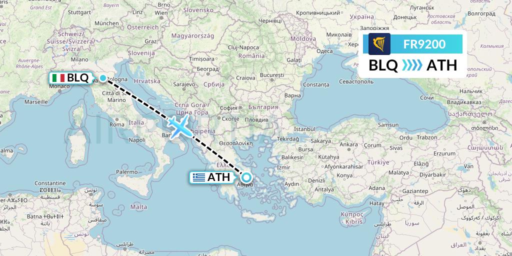 FR9200 Ryanair Flight Map: Bologna to Athens