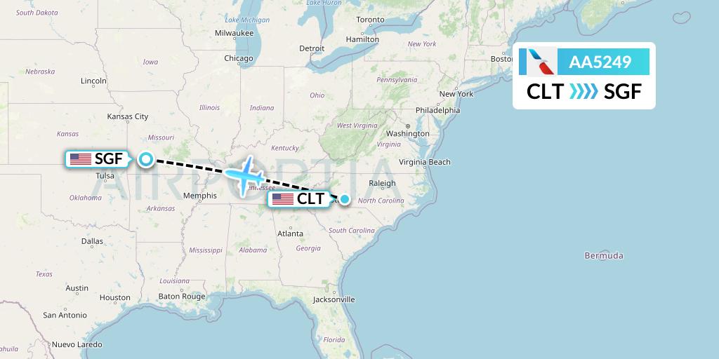 AA5249 American Airlines Flight Map: Charlotte to Springfield
