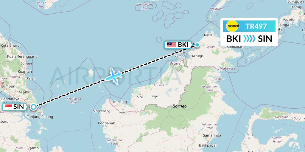 TR497 Tigerair Flight Map: Kota Kinabalu to Singapore