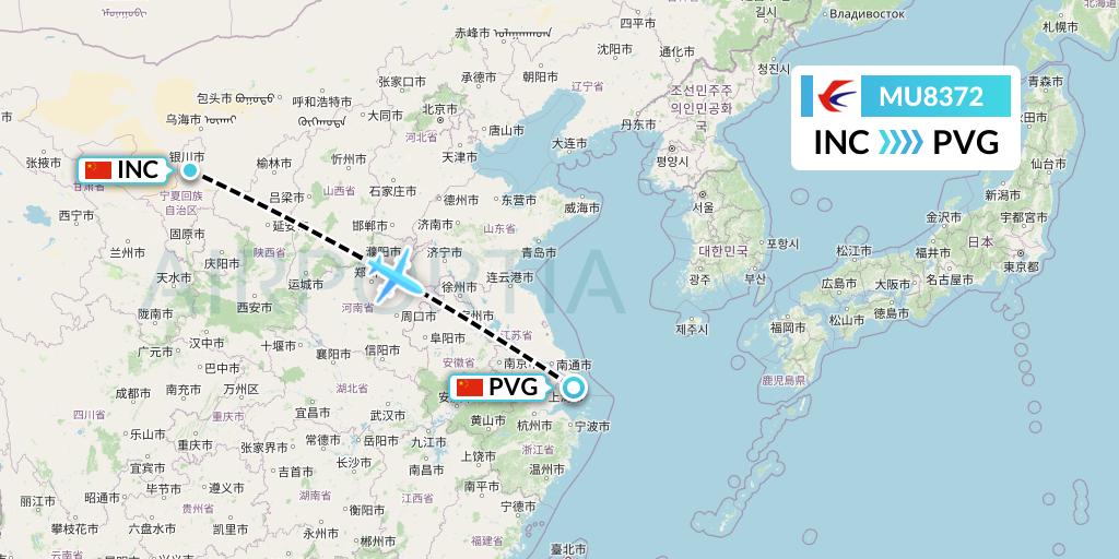 MU8372 China Eastern Airlines Flight Map: Yinchuan to Shanghai
