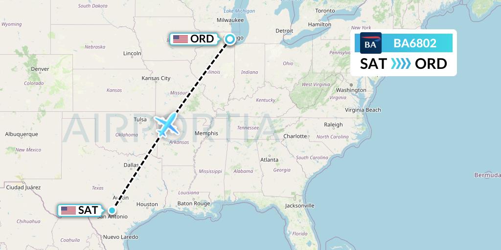 BA6802 British Airways Flight Map: San Antonio to Chicago